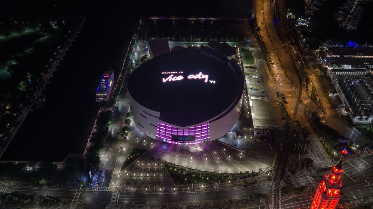 The Heat kicked off the promotion for the team's special  “A Night in Vice City” event on Thursday, lighting up “Welcome to Vice City” signage on the roof of the Kaseya Center.