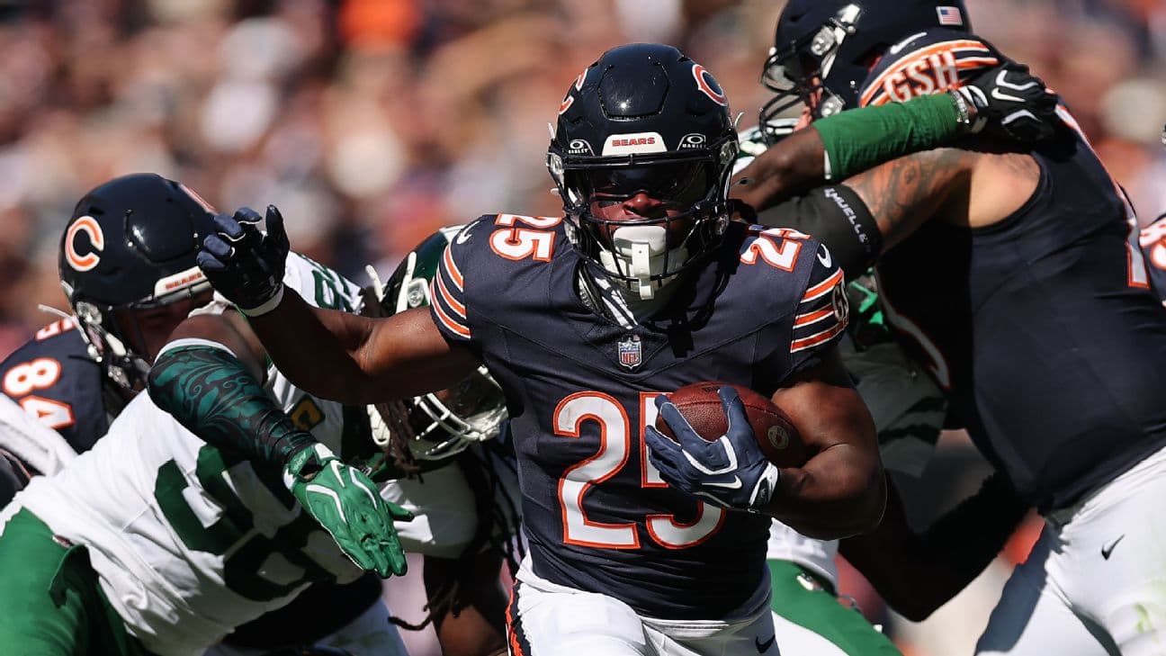 Chicago Bears running back Kyle Monangai rungs through the Jets' defense, with the help of his blockers.  Kyle Monangai [1296x729]