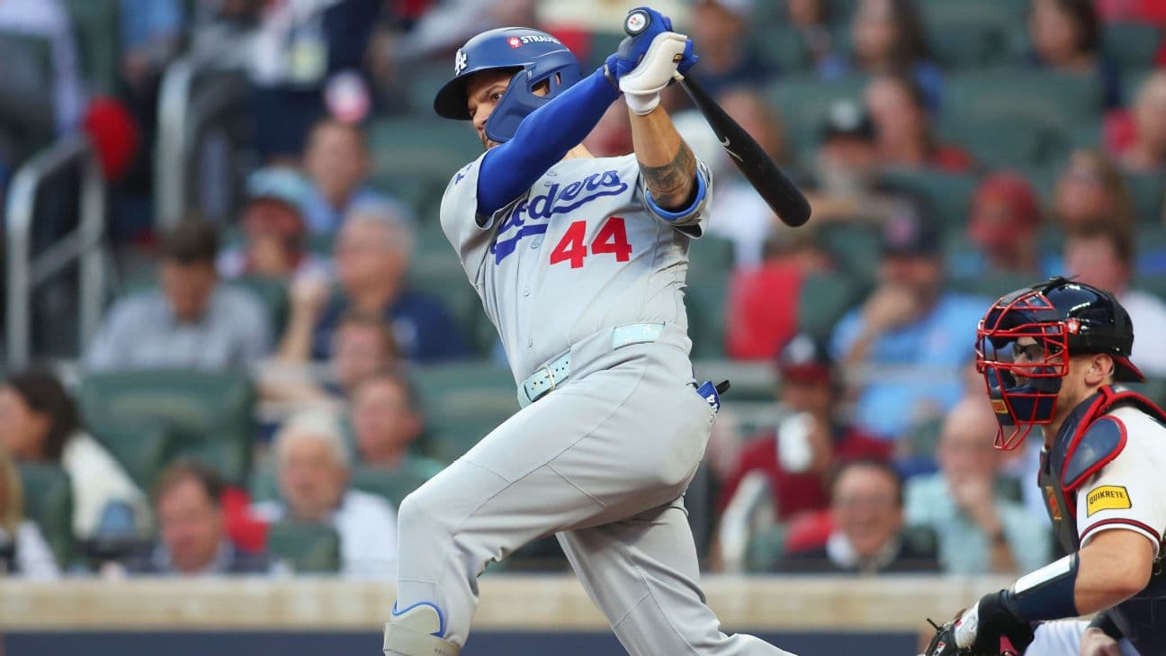Los Angeles Dodgers outfielder Andy Pages (44) hits a single against the Atlanta Braves photodesk