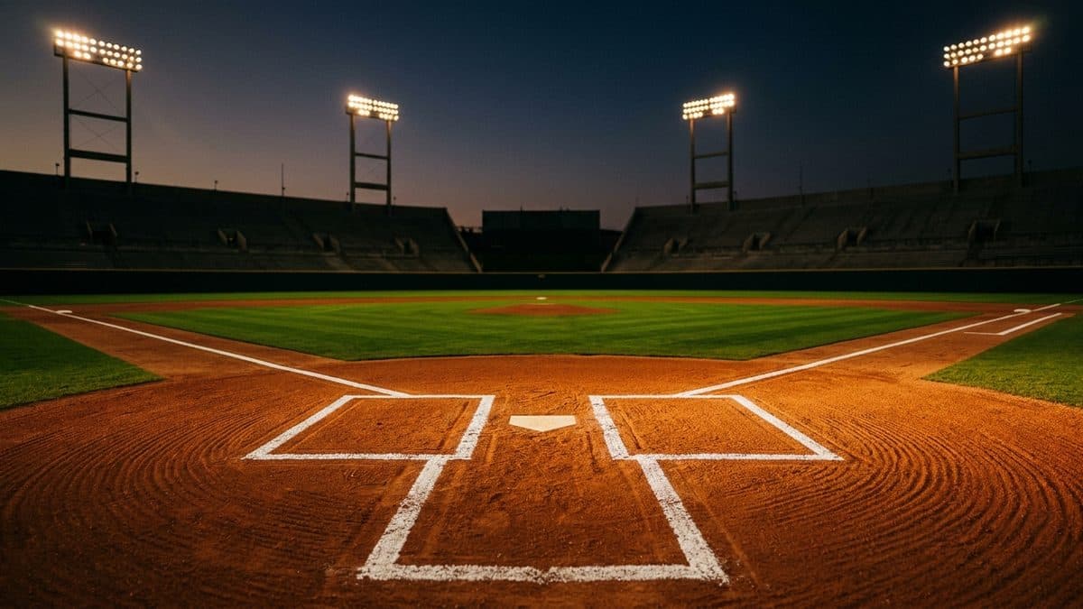 An empty stadium under the lights before the game