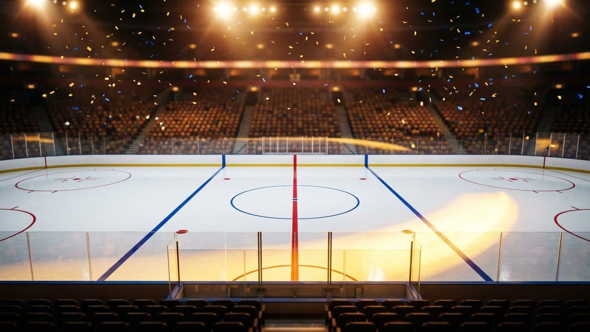 A hockey puck spraying ice across centre ice under bright arena lights