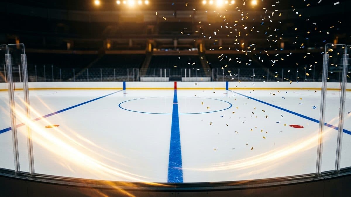 A hockey puck spraying ice across centre ice under bright arena lights