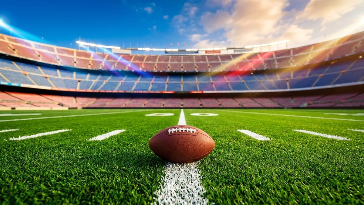 A football in flight over a bright green field under stadium lights
