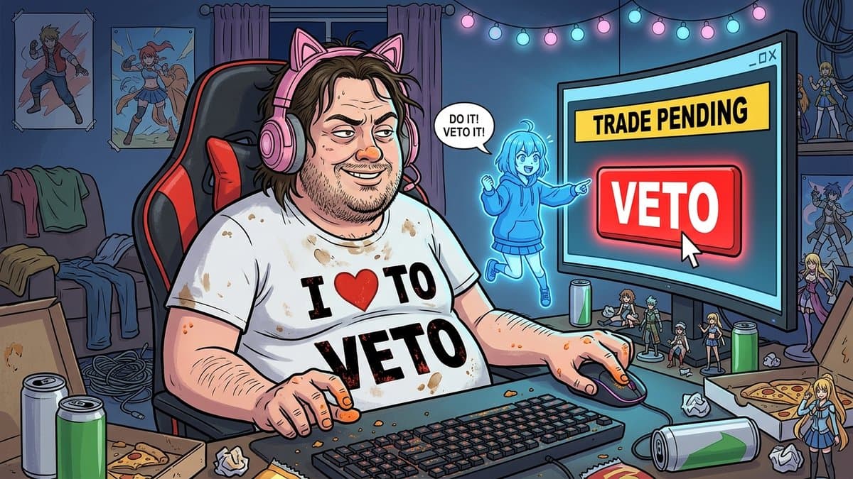 Cartoon of a smug fantasy manager in an I love to veto T-shirt clicking the VETO button on a pending trade while his holographic anime girlfriend cheers him on