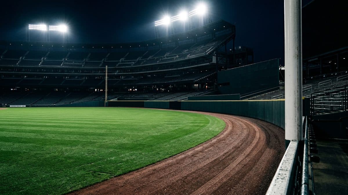 An empty ballpark under the lights before first pitch