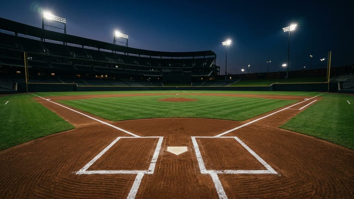 An empty ballpark under the lights before first pitch