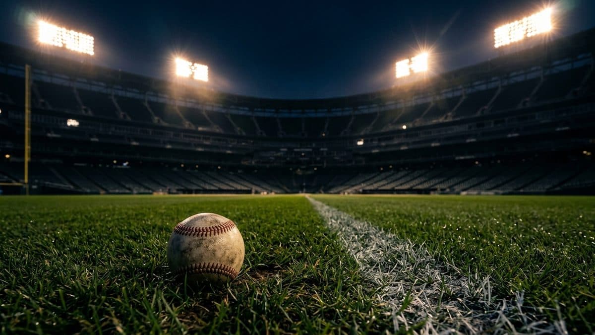 An empty ballpark under the lights before first pitch