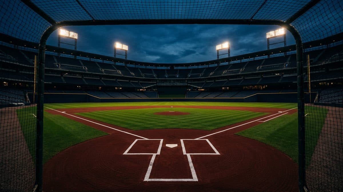 An empty ballpark under the lights before first pitch