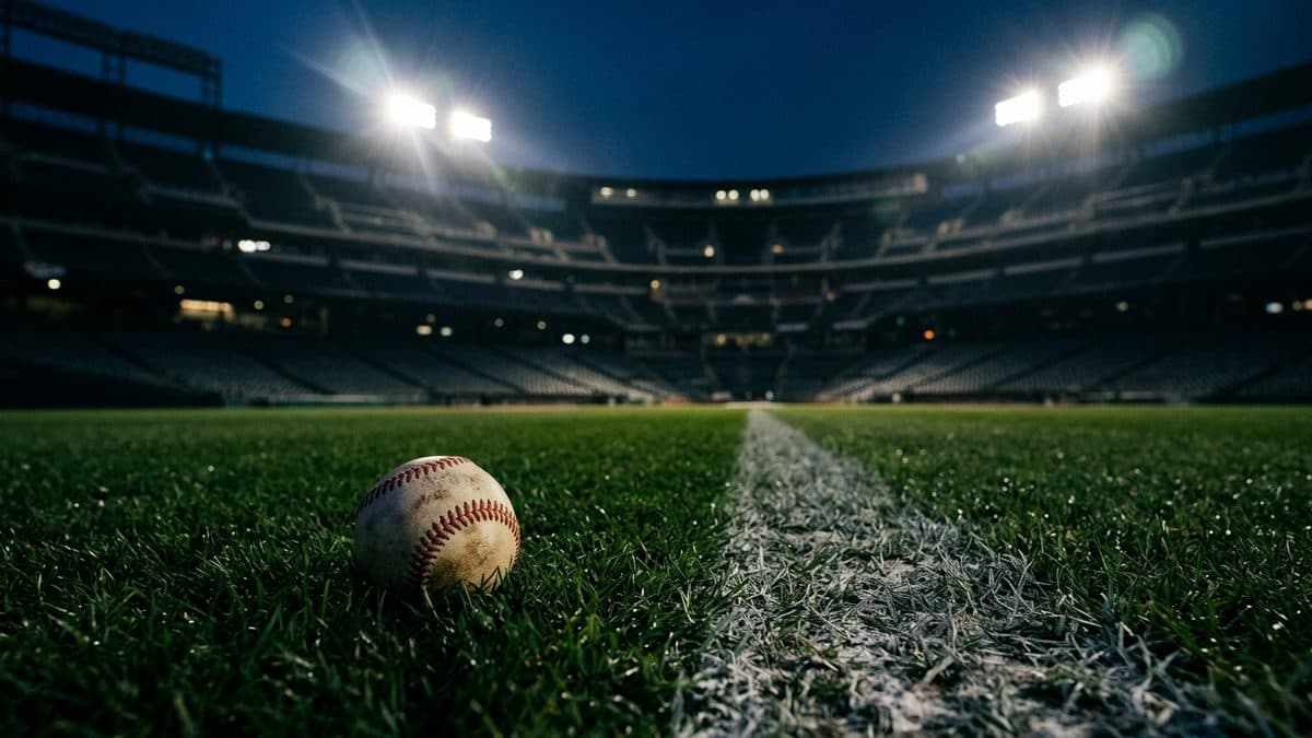 An empty ballpark under the lights before first pitch