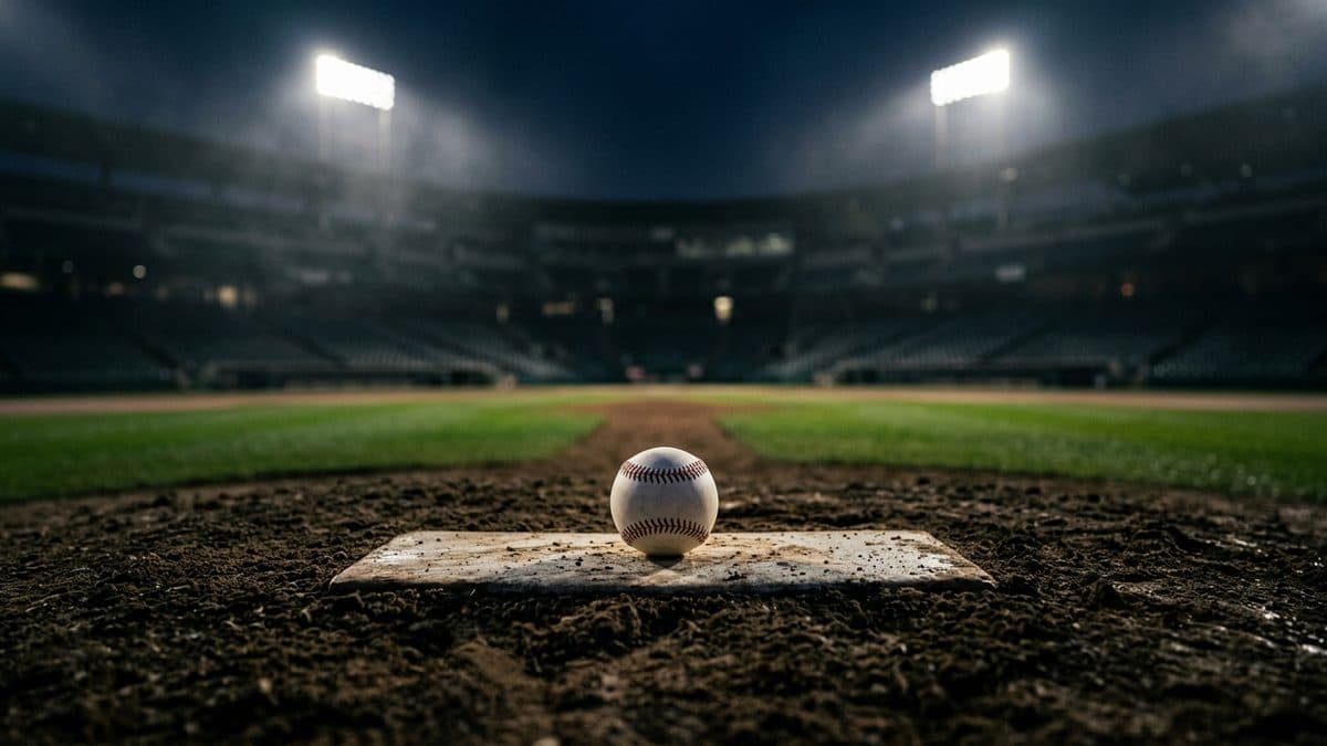 An empty ballpark under the lights before first pitch