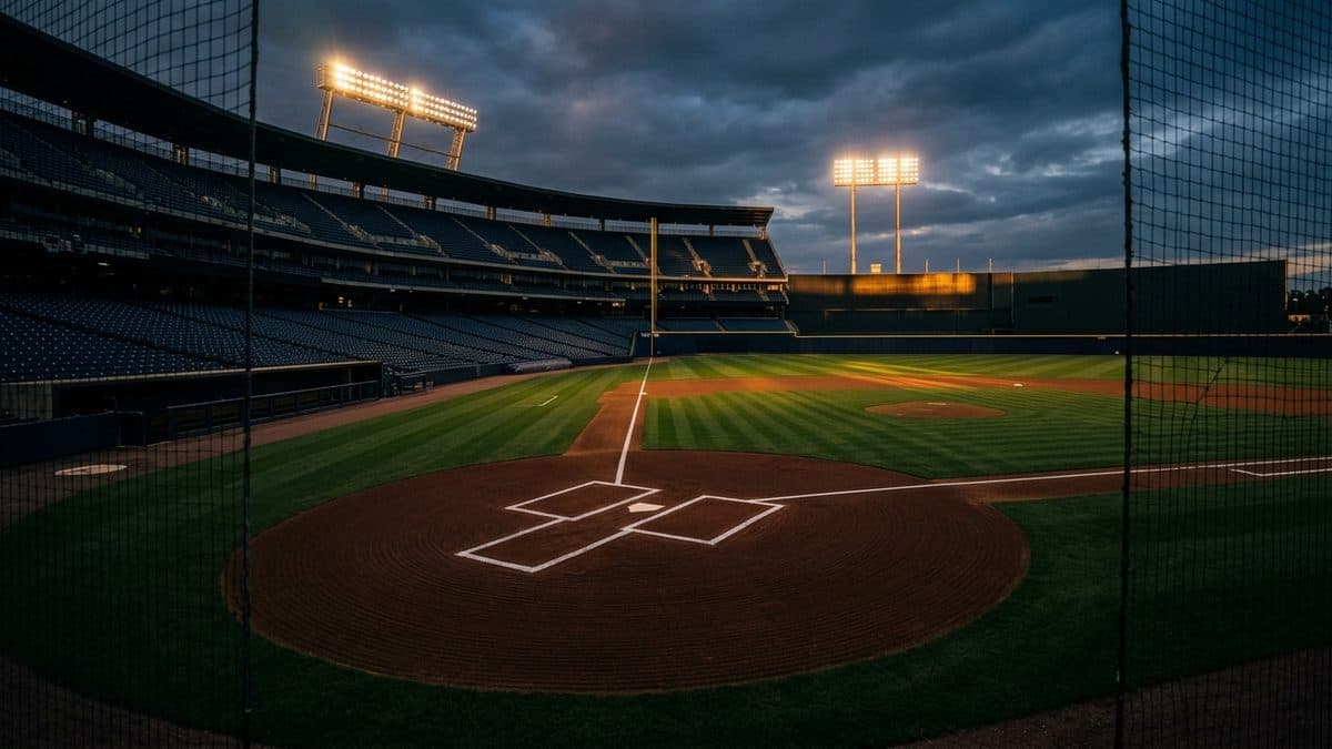 An empty ballpark under the lights before first pitch