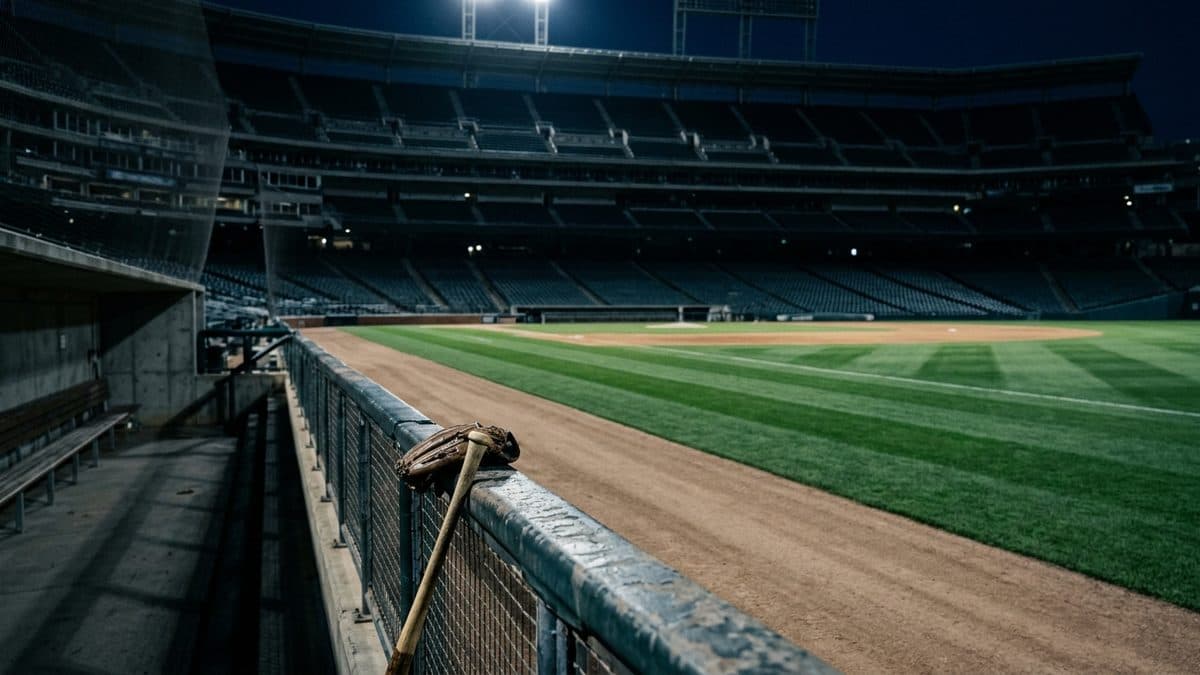 An empty ballpark under the lights before first pitch