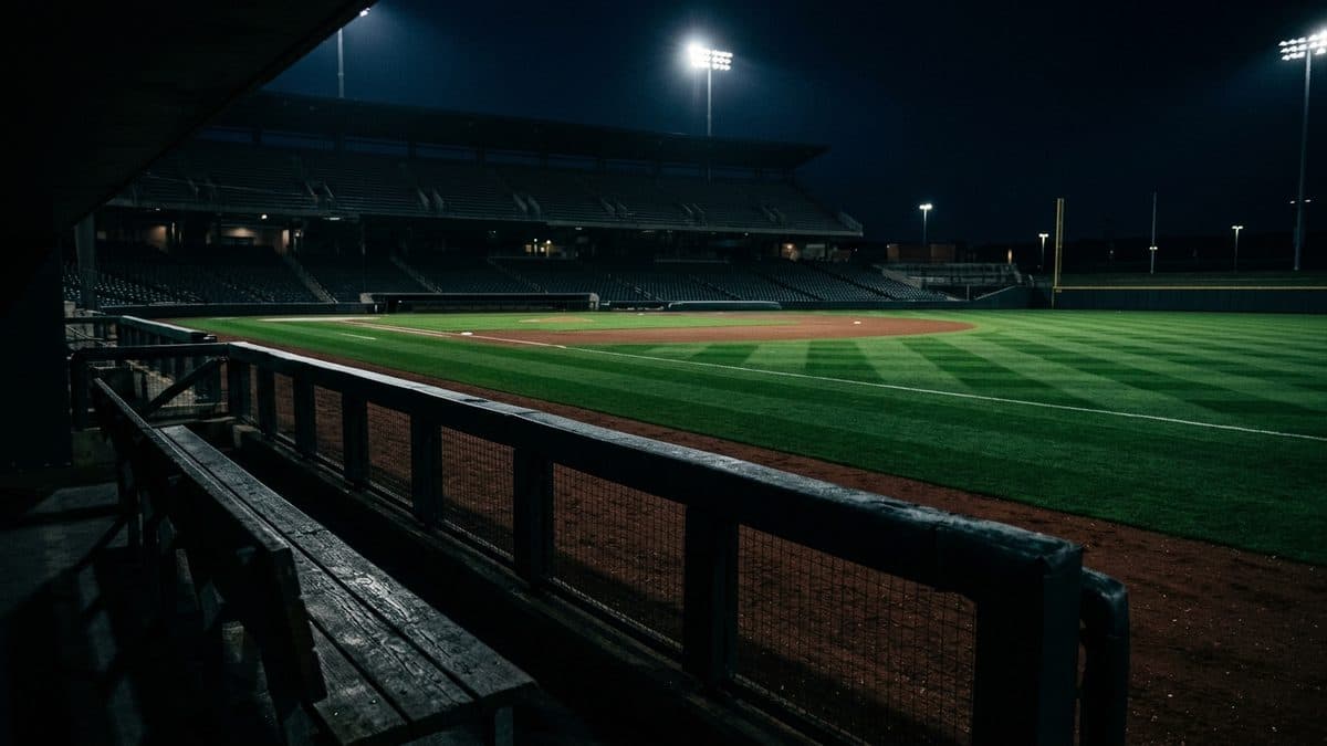 An empty ballpark under the lights before first pitch