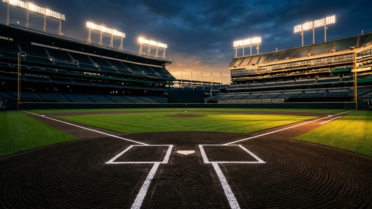 An empty ballpark under the lights before first pitch