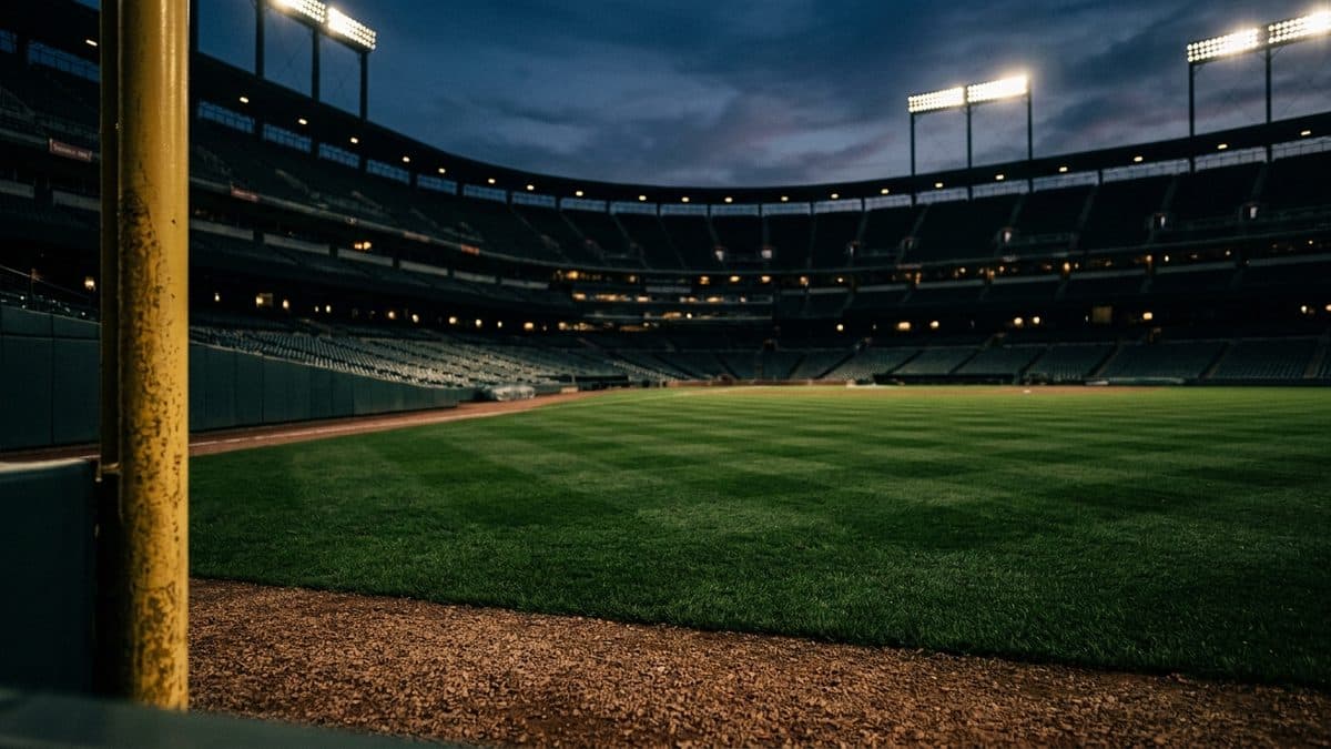 An empty ballpark under the lights before first pitch