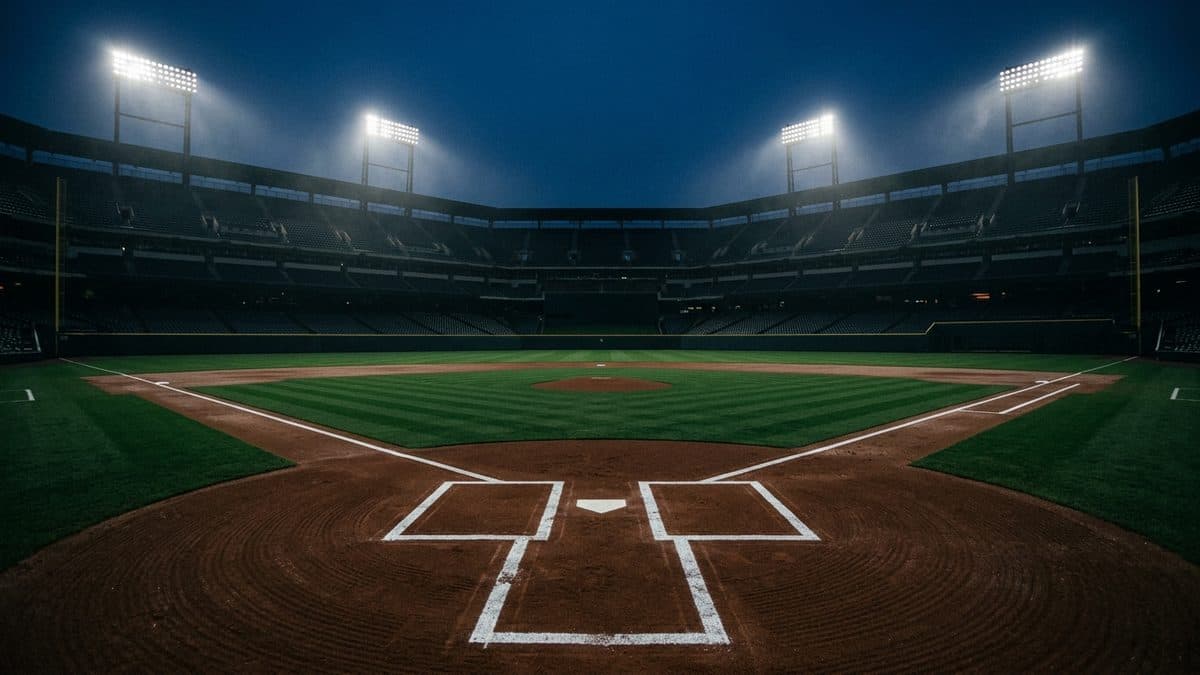 An empty ballpark under the lights before first pitch