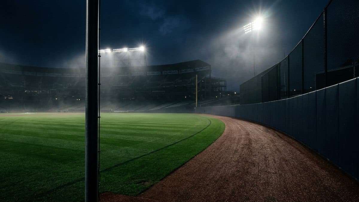 An empty ballpark under the lights before first pitch