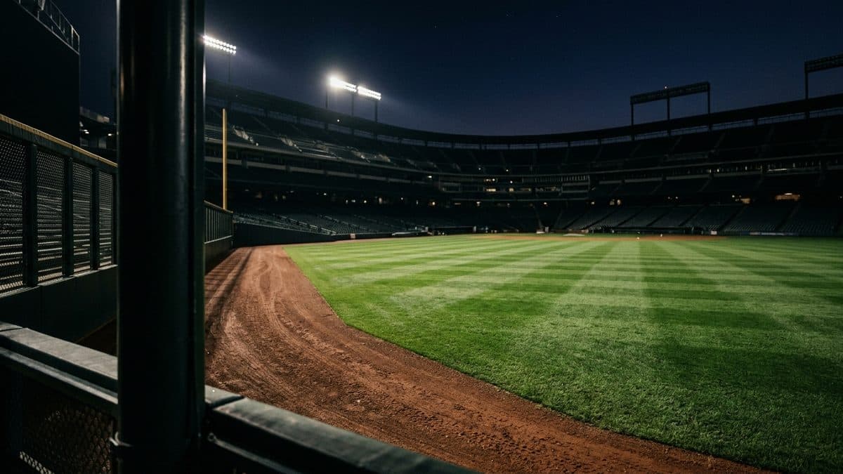 An empty ballpark under the lights before first pitch