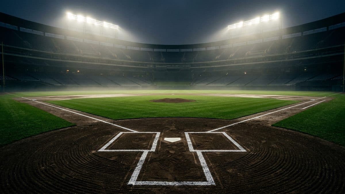 An empty ballpark under the lights before first pitch