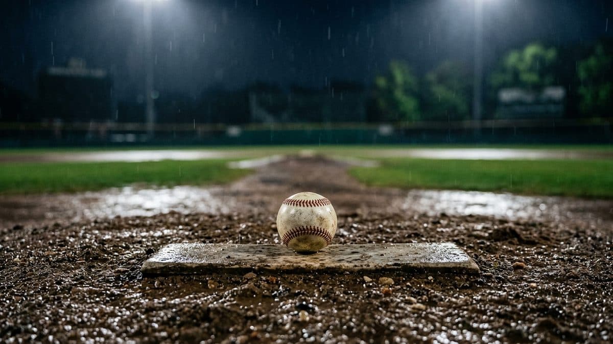 An empty ballpark under the lights before first pitch