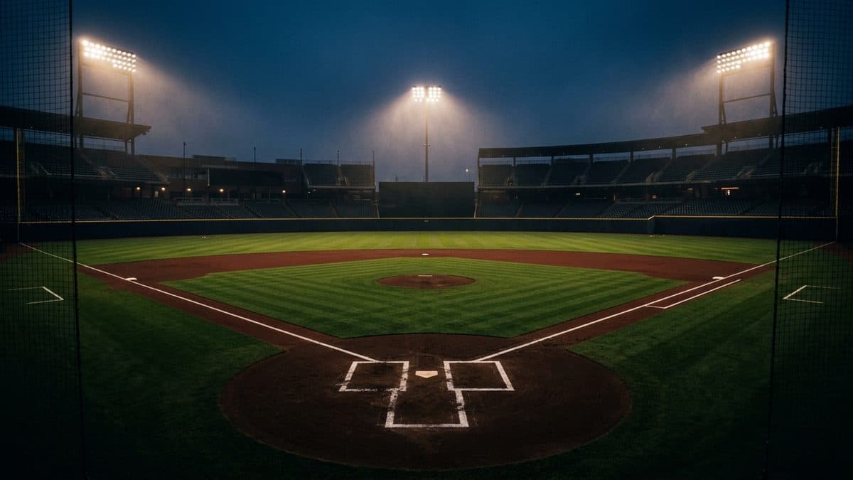 An empty ballpark under the lights before first pitch