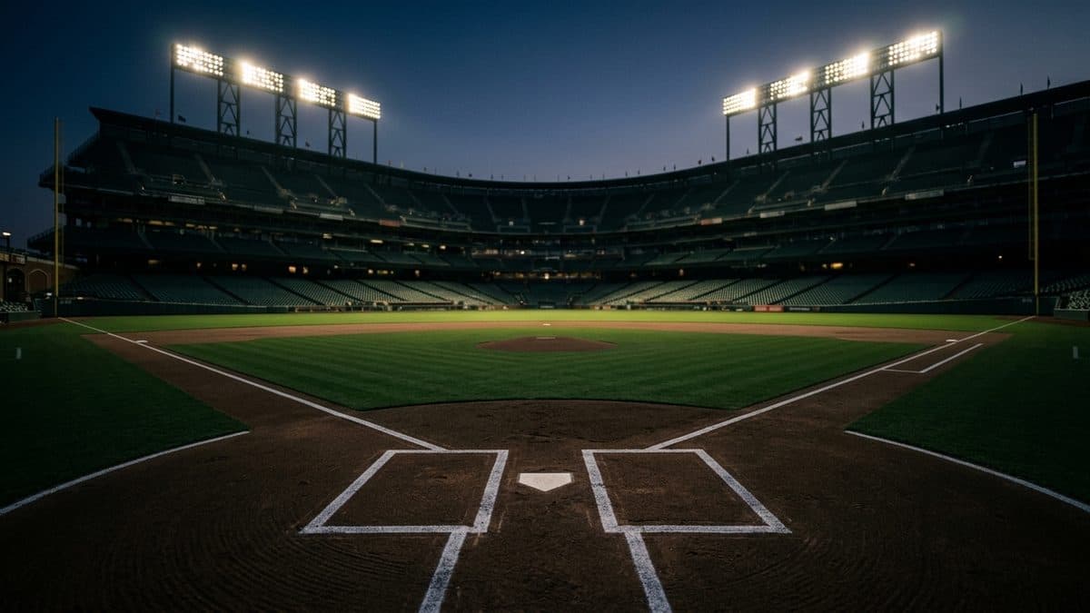 An empty ballpark under the lights before first pitch