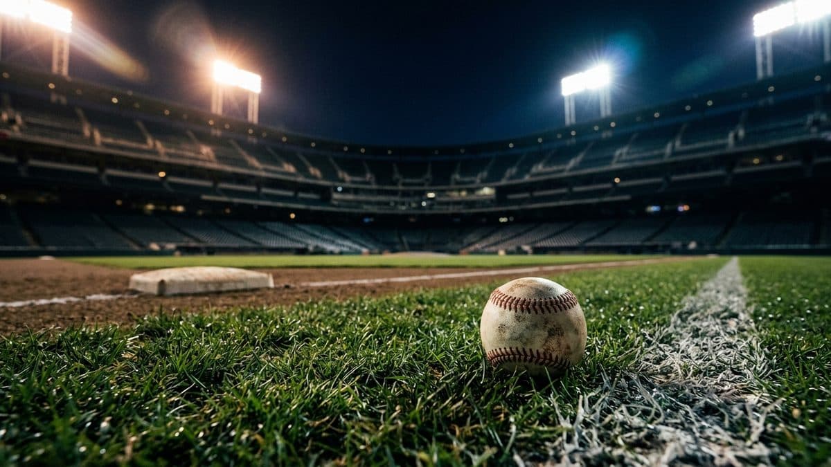 An empty ballpark under the lights before first pitch