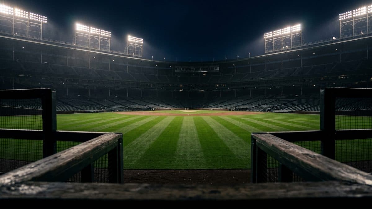 An empty ballpark under the lights before first pitch