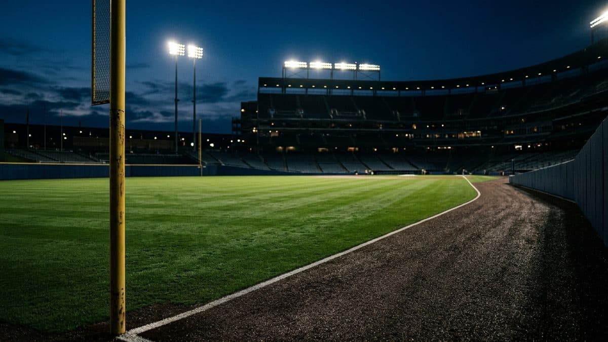 An empty ballpark under the lights before first pitch
