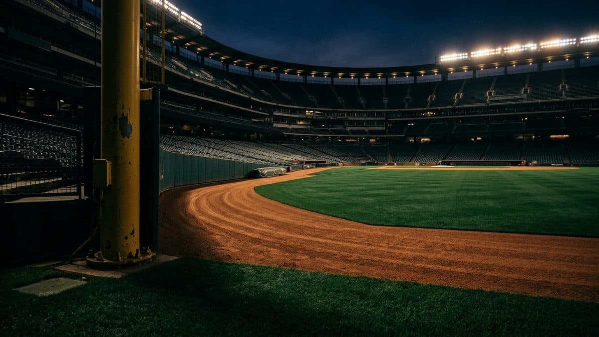 An empty ballpark under the lights before first pitch