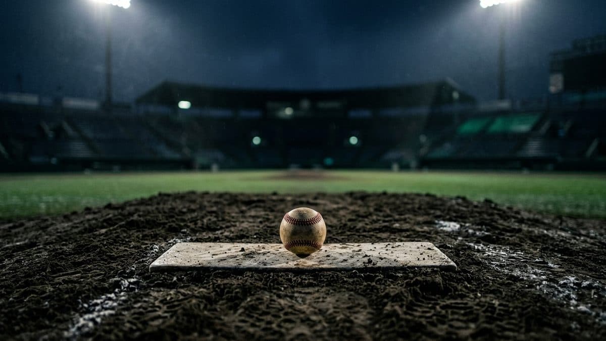 An empty ballpark under the lights before first pitch