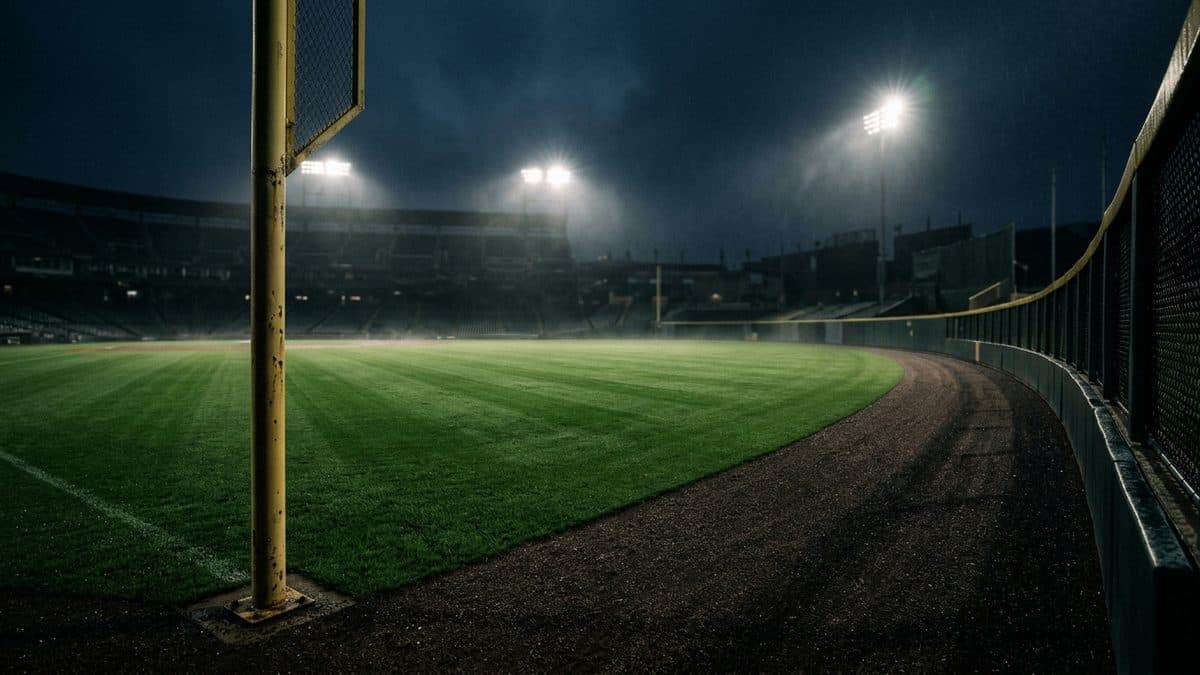 An empty ballpark under the lights before first pitch