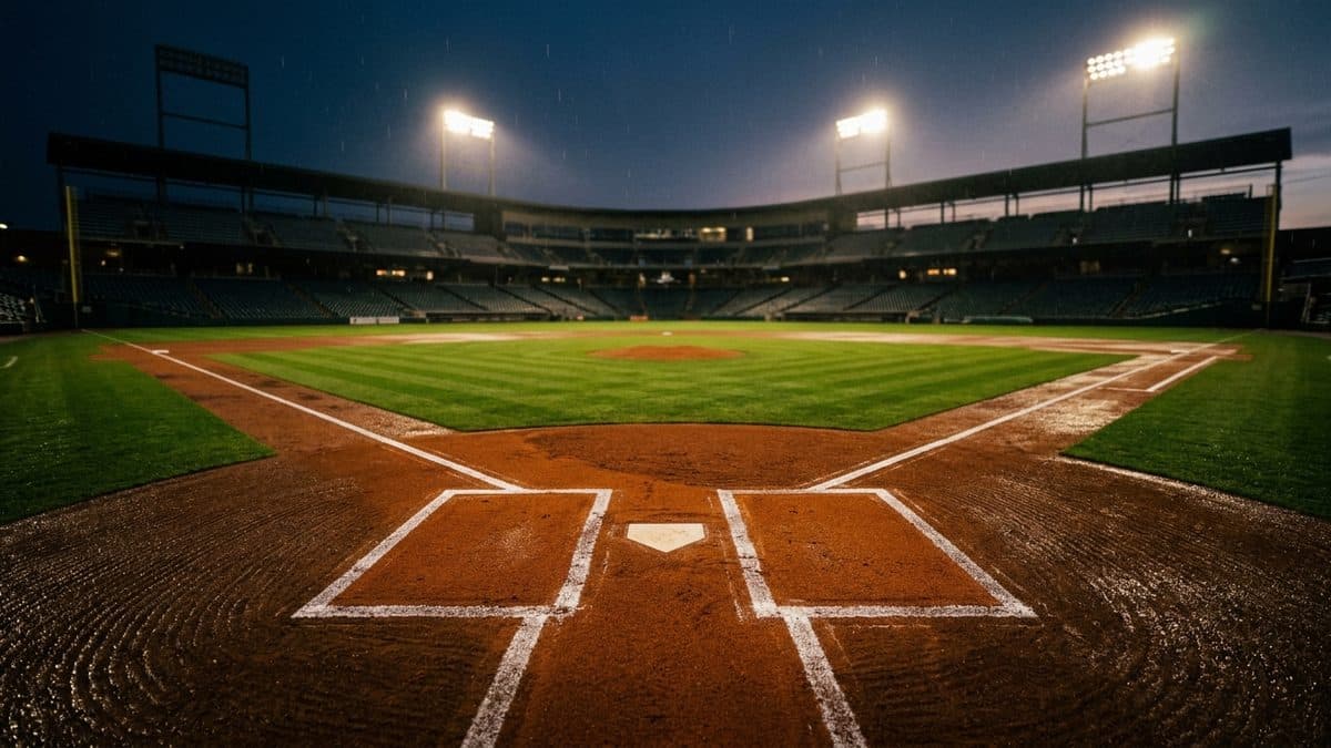 An empty ballpark under the lights before first pitch