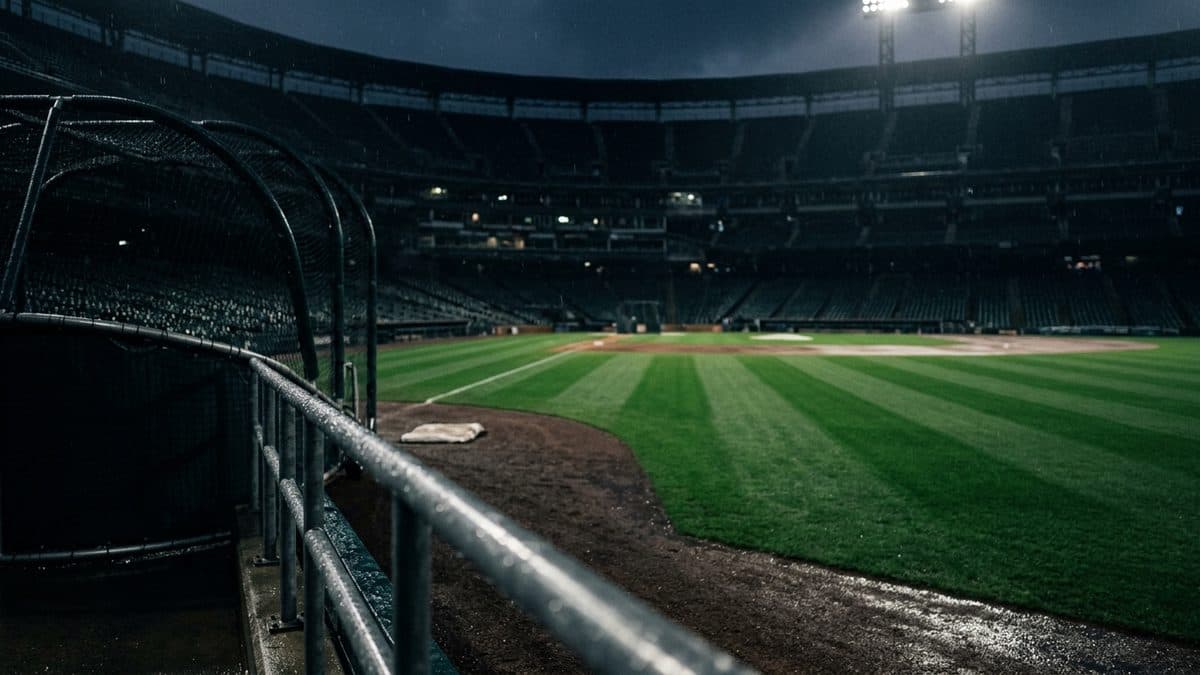 An empty ballpark under the lights before first pitch