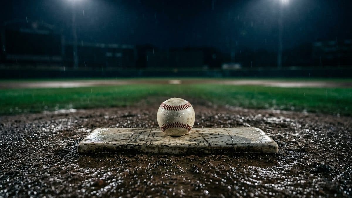 An empty ballpark under the lights before first pitch