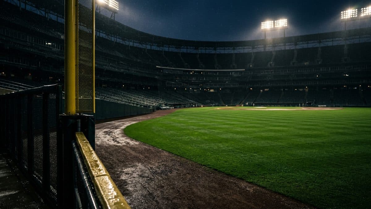 An empty ballpark under the lights before first pitch