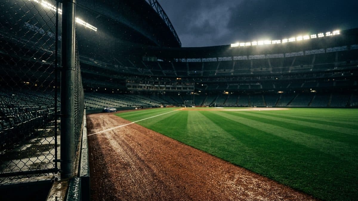 An empty ballpark under the lights before first pitch