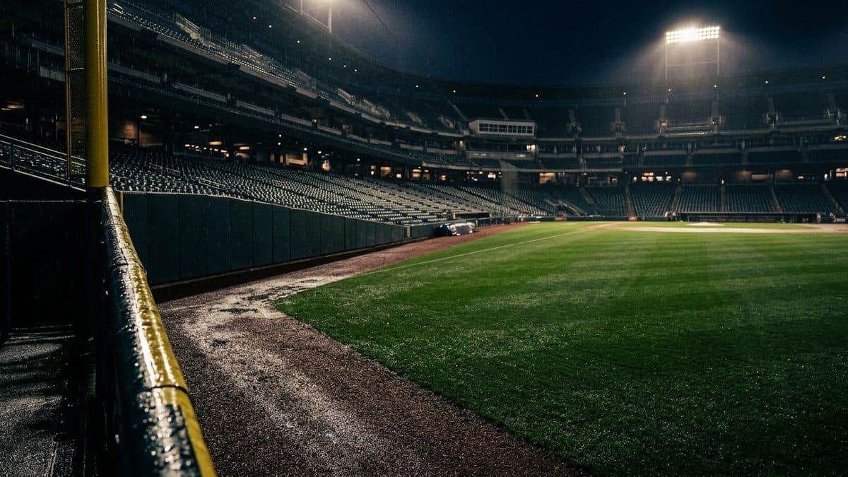 An empty ballpark under the lights before first pitch