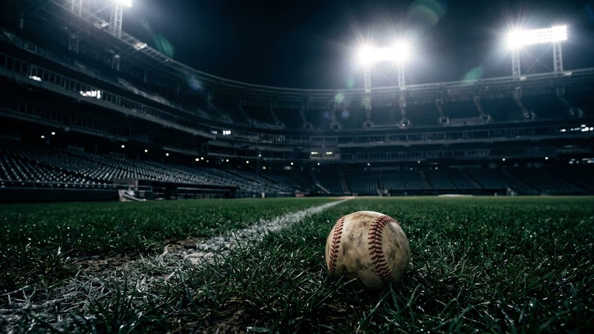 An empty ballpark under the lights before first pitch