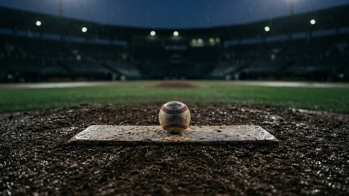 An empty ballpark under the lights before first pitch