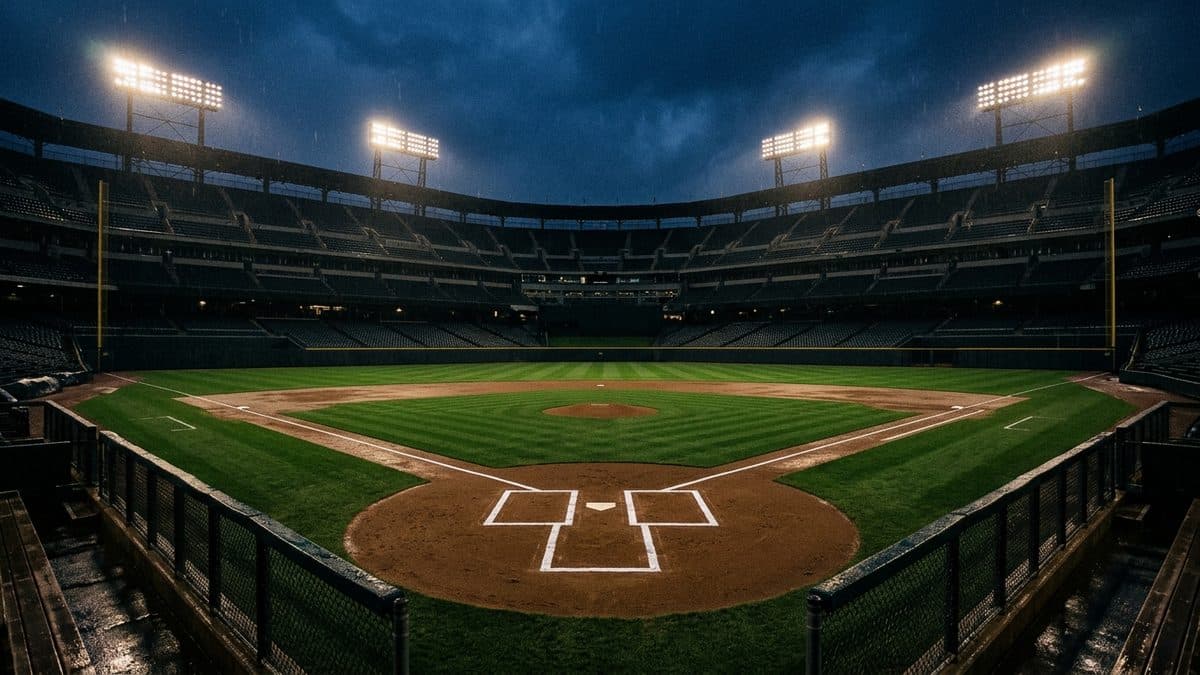 An empty ballpark under the lights before first pitch