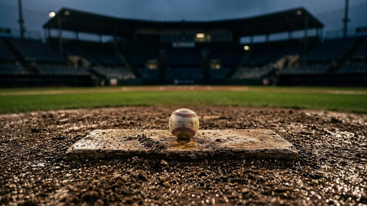 An empty ballpark under the lights before first pitch
