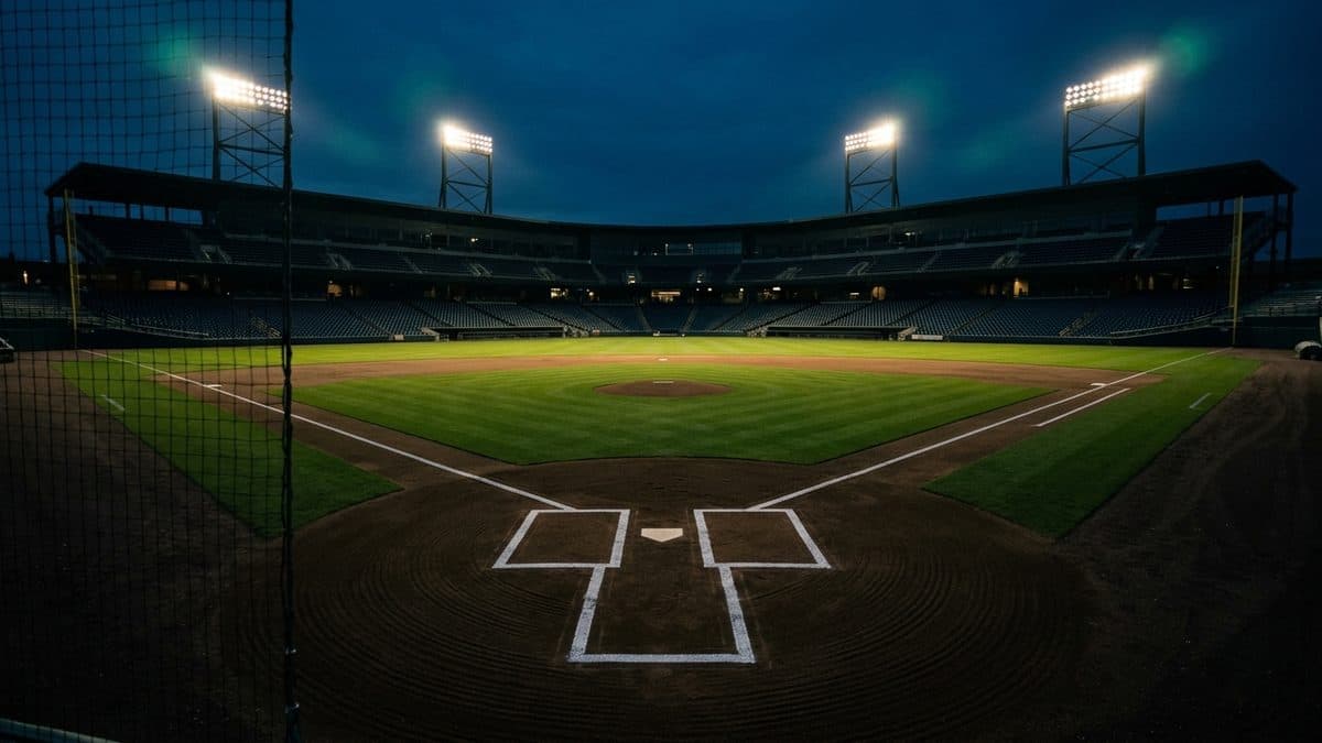 An empty ballpark under the lights before first pitch
