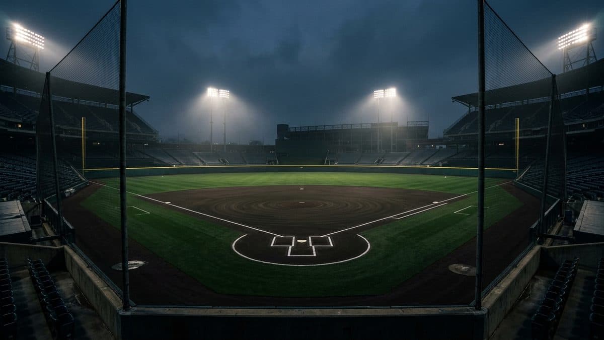 An empty ballpark under the lights before first pitch