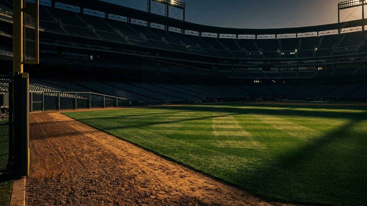 An empty ballpark under the lights before first pitch