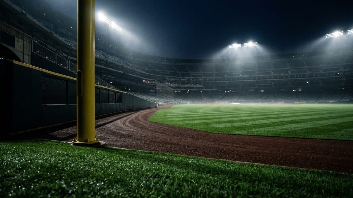 An empty ballpark under the lights before first pitch