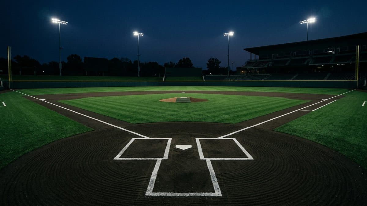 An empty ballpark under the lights before first pitch