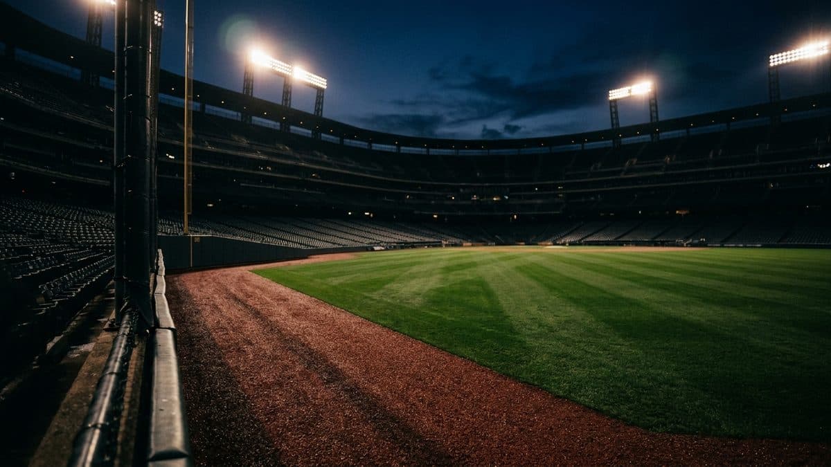 An empty ballpark under the lights before first pitch