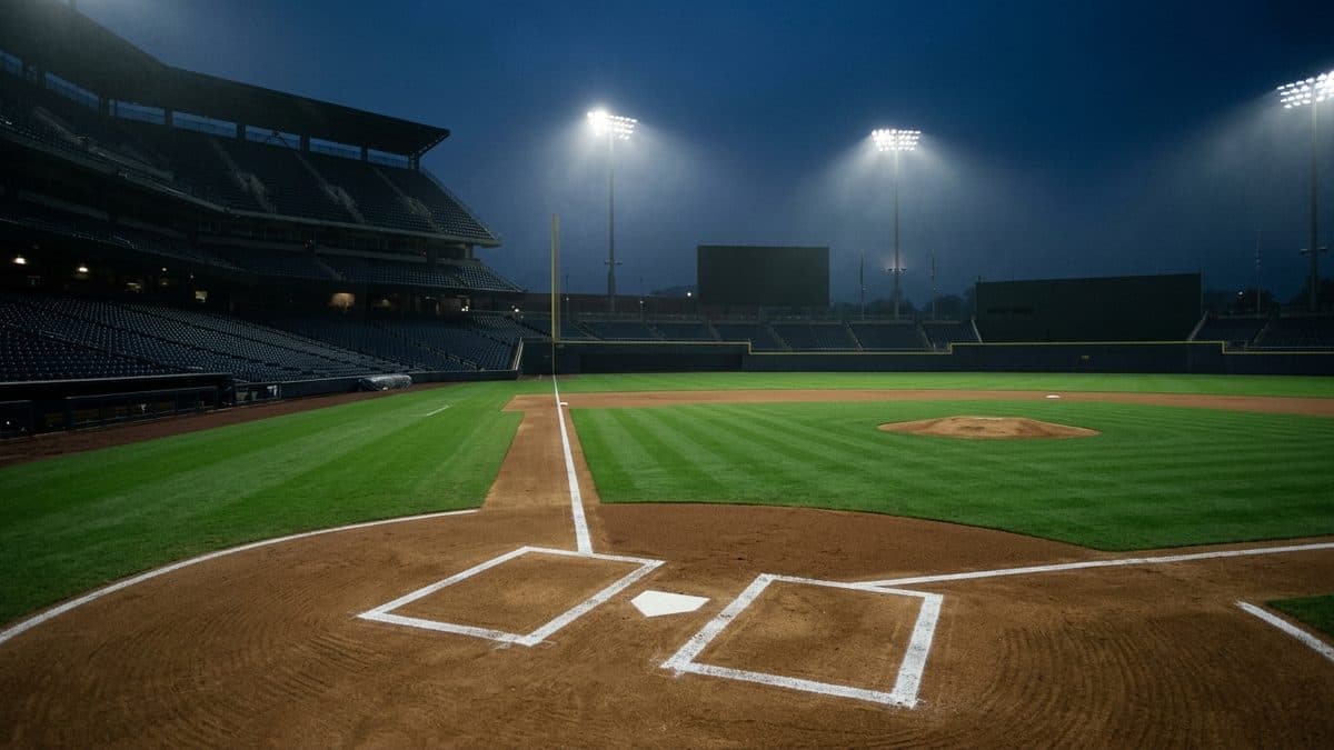 An empty ballpark under the lights before first pitch