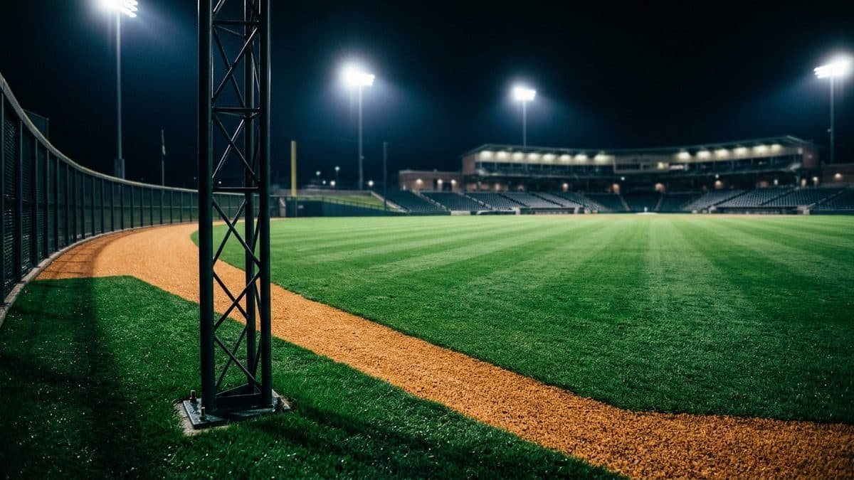 An empty ballpark under the lights before first pitch